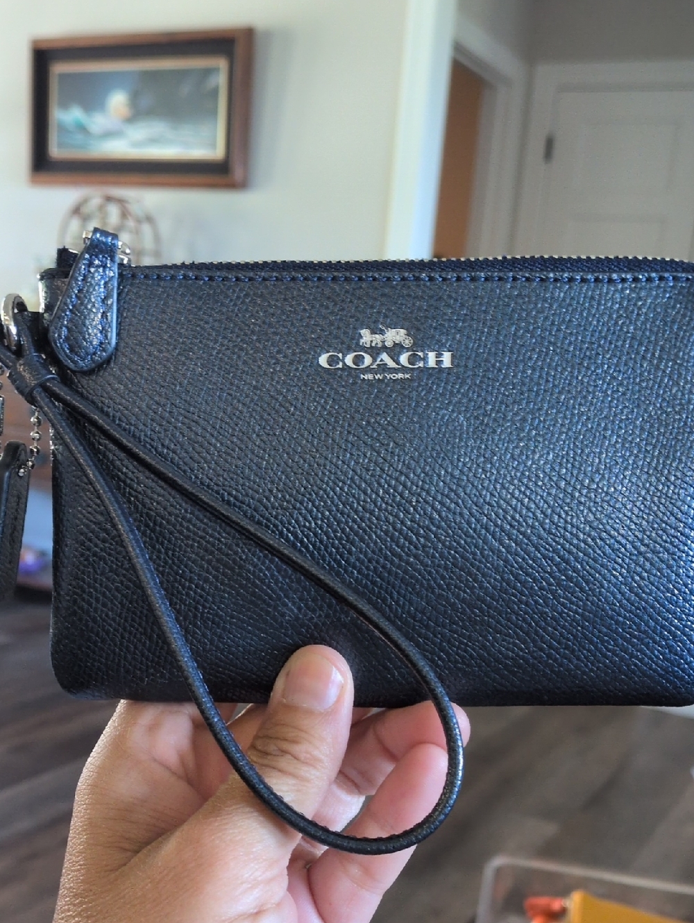 Coach Blue Saffiano Leather Wristlet with Silver Logo